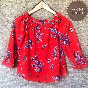 3/4 Sleeve red-orange H&M DIVIDEND floral crop 🕶
